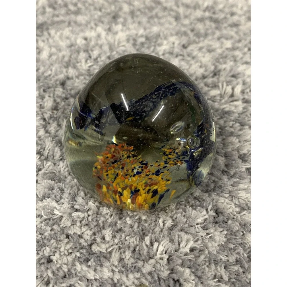 4 Hand Blown Art Glass Paperweight Bubble Sphere Yellow‎ Orange Blue Red